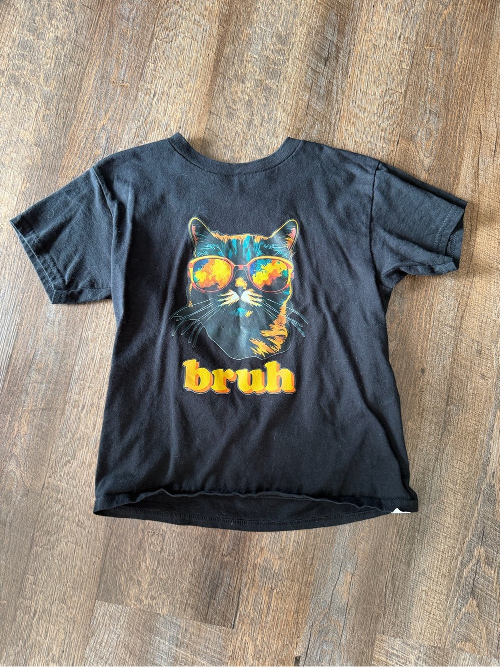 Boys Graphic Cat “Bruh” T-Shirt | Size 130 (Approx. 7–8 Years) | Black